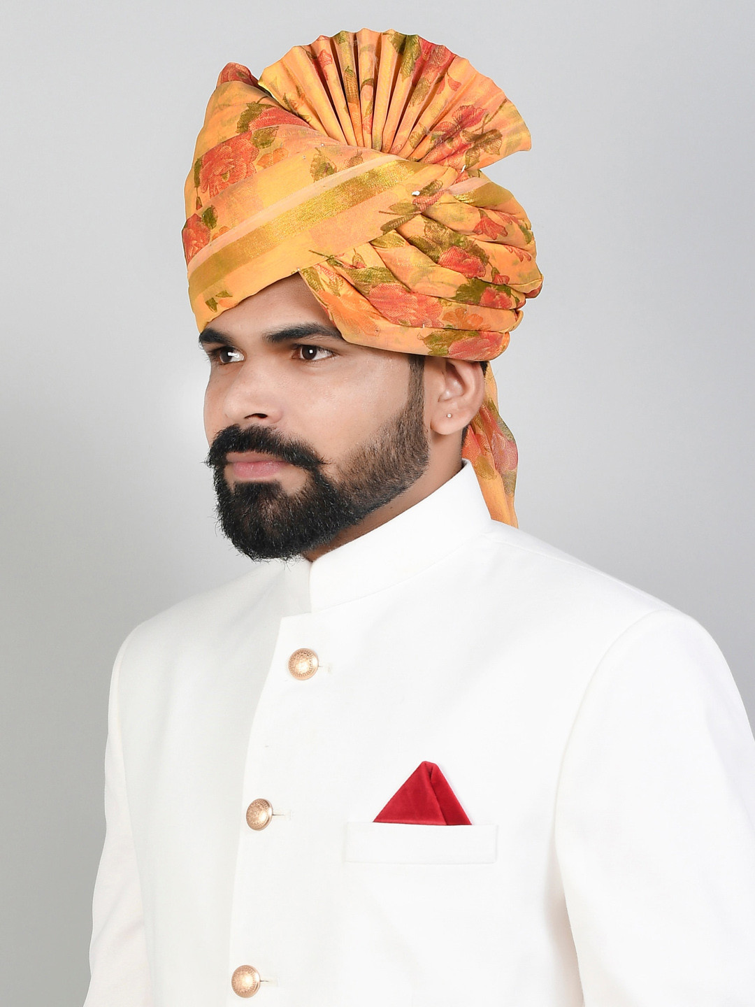 

Silvermerc Designs Men Yellow Floral Printed Wedding Pagdi