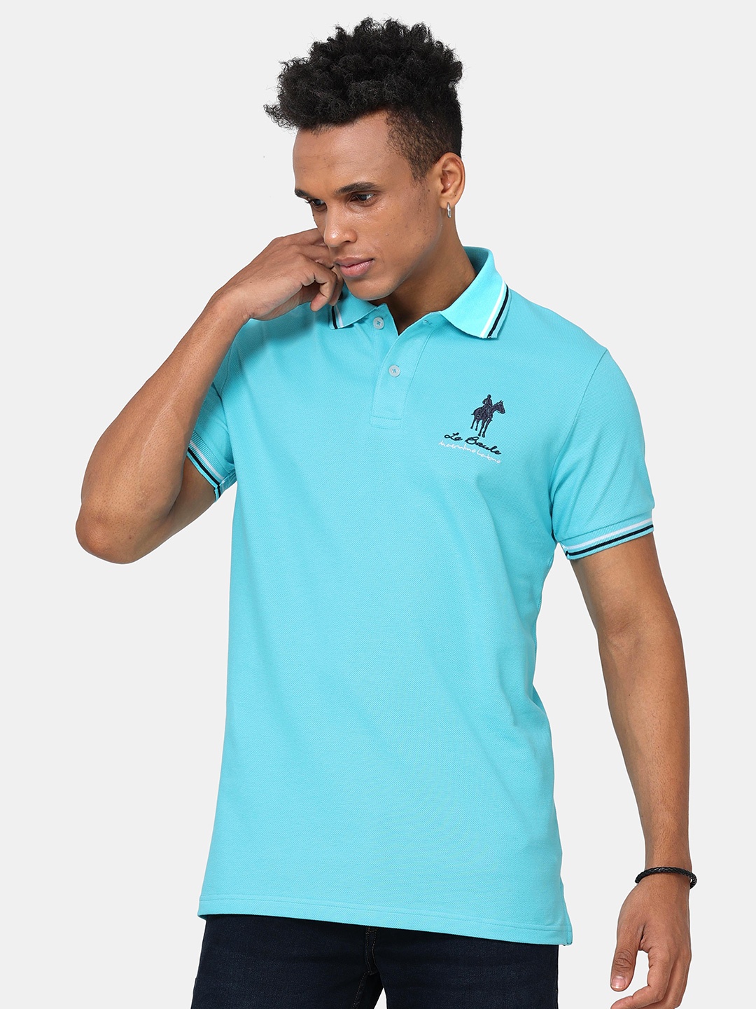 

Masculino Latino Men Turquoise Blue Polo Collar Bio Finish T-shirt