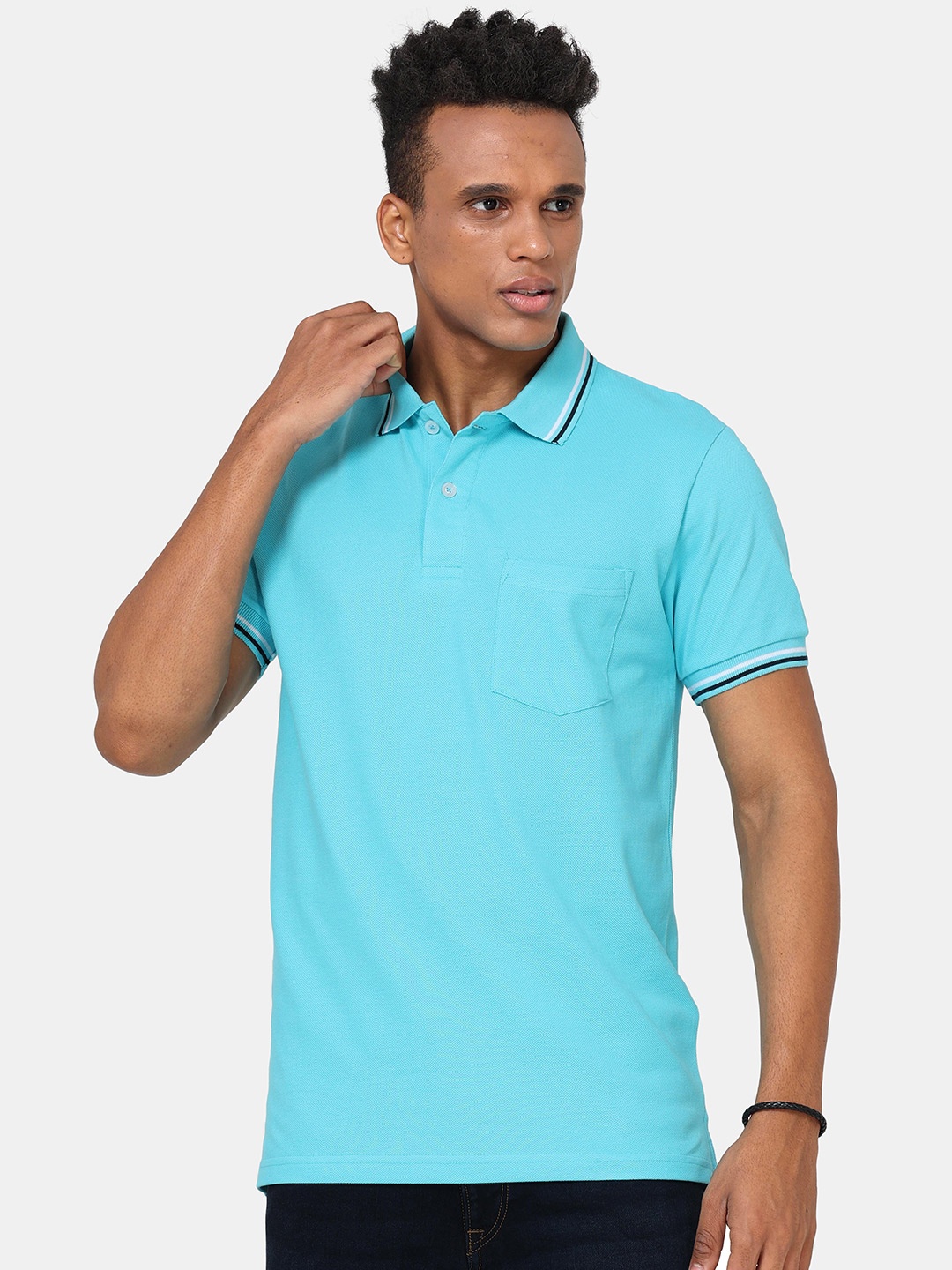 

Masculino Latino Men Turquoise Blue Polo Collar Bio Finish T-shirt