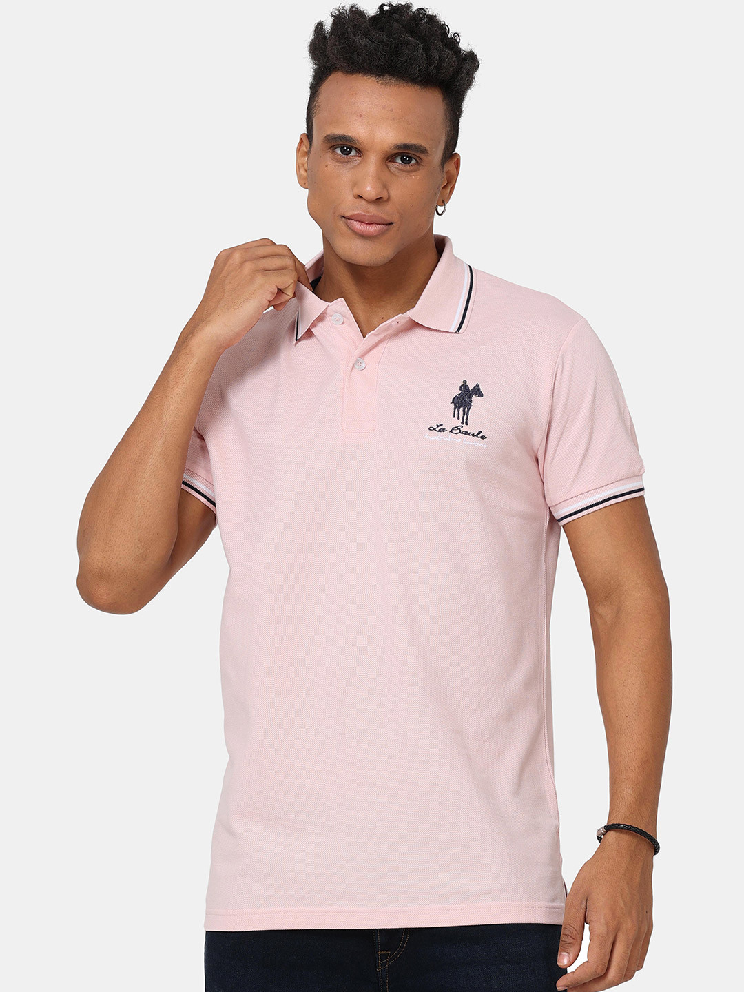 

Masculino Latino Men Pink Polo Collar Bio Finish T-shirt