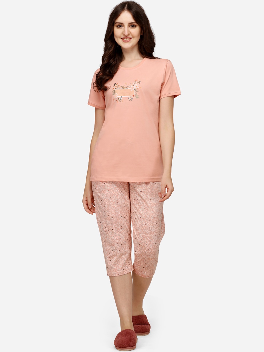 

Lenissa Women Peach-Coloured & Orange Printed Night suit