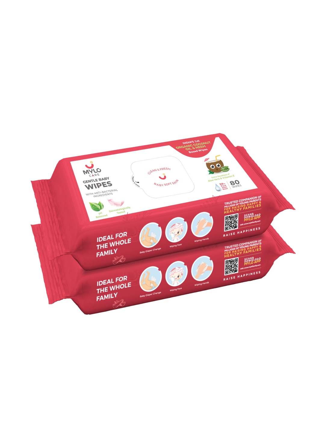

Mylo Pack of 2 Gentle Baby Wipes with Organic Coconut Oil & Neem, White