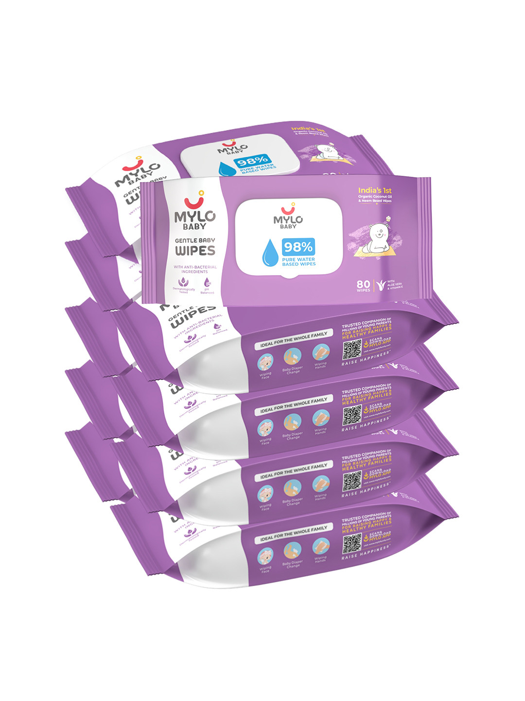 

Mylo Pack of 10 Gentle Baby Wipes with Organic Coconut Oil & Neem With Lid, White