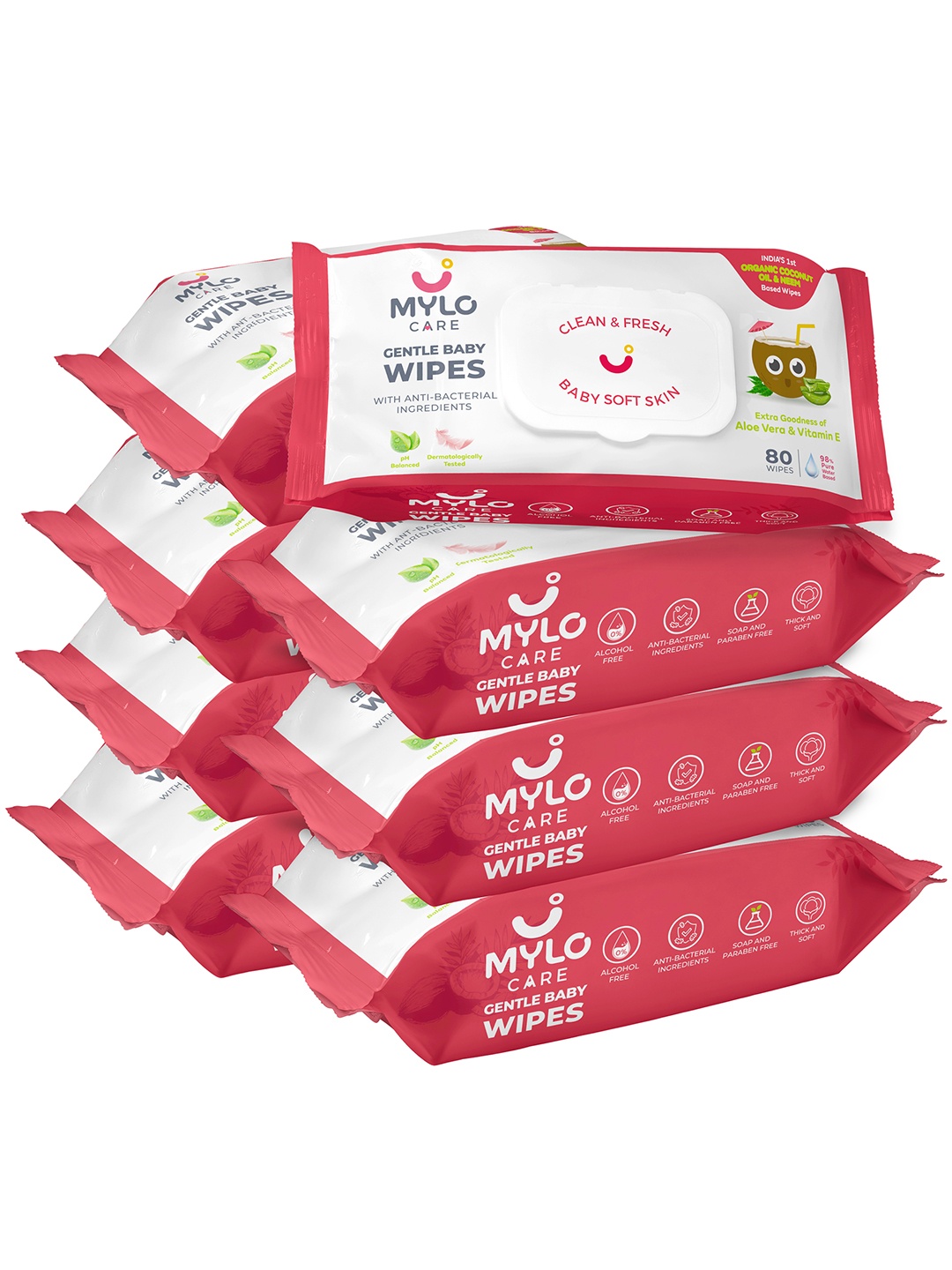 

Mylo Pack of 8 Gentle Baby Wipes with Organic Coconut Oil & Neem-80 Pulls Each, White