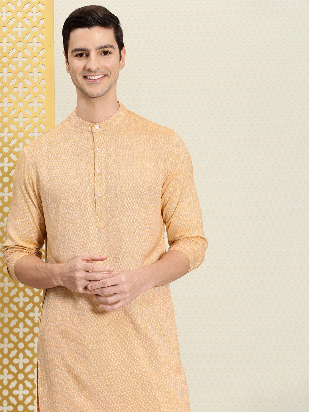 

House of Pataudi Men Mustard Yellow & White Kurta