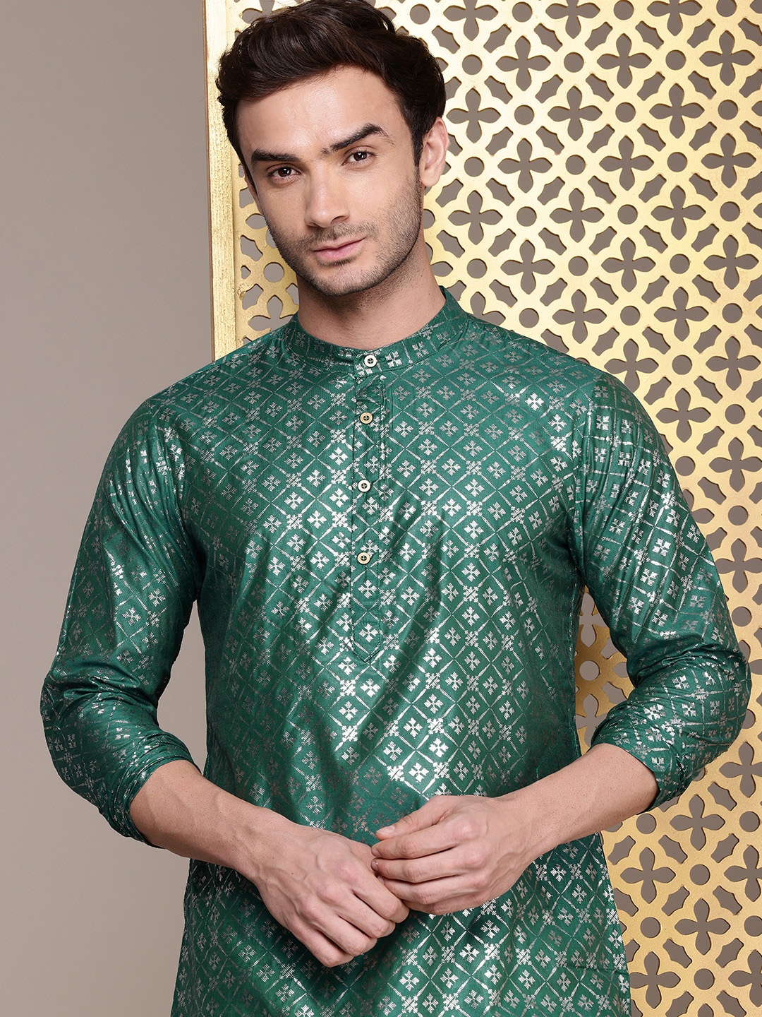 

House of Pataudi Geometric Printed Jashn Kurta, Green