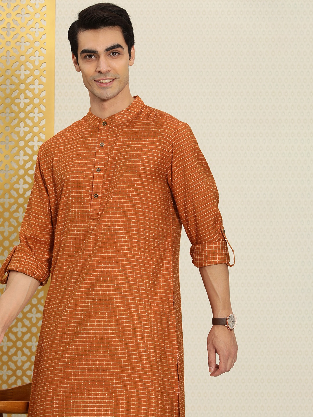 

House of Pataudi Men Rust Orange & Gold-Toned Checked Woven Design Rozana Kurta