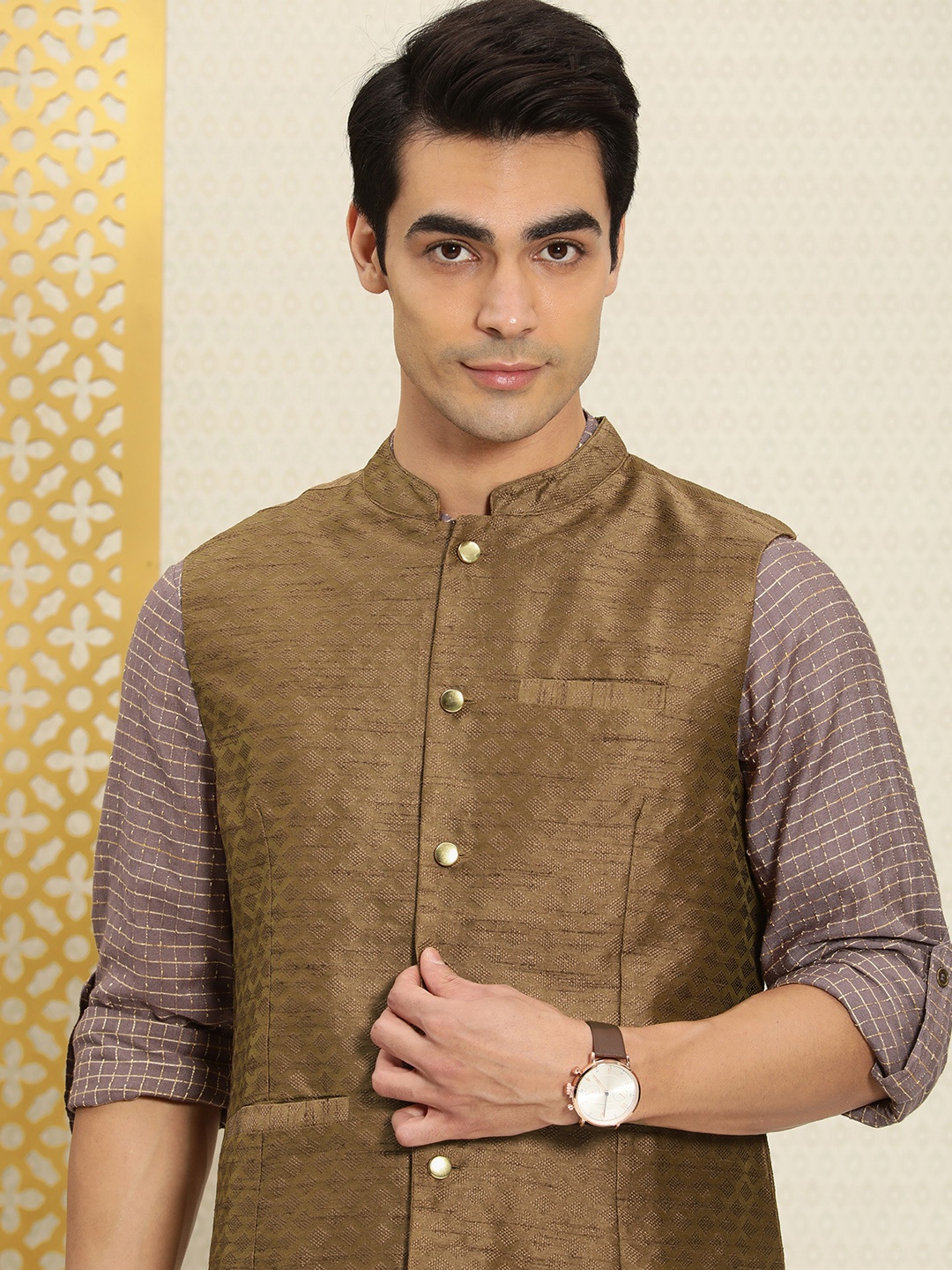 

House of Pataudi Men Rozana Brown Woven Design Nehru Jacket