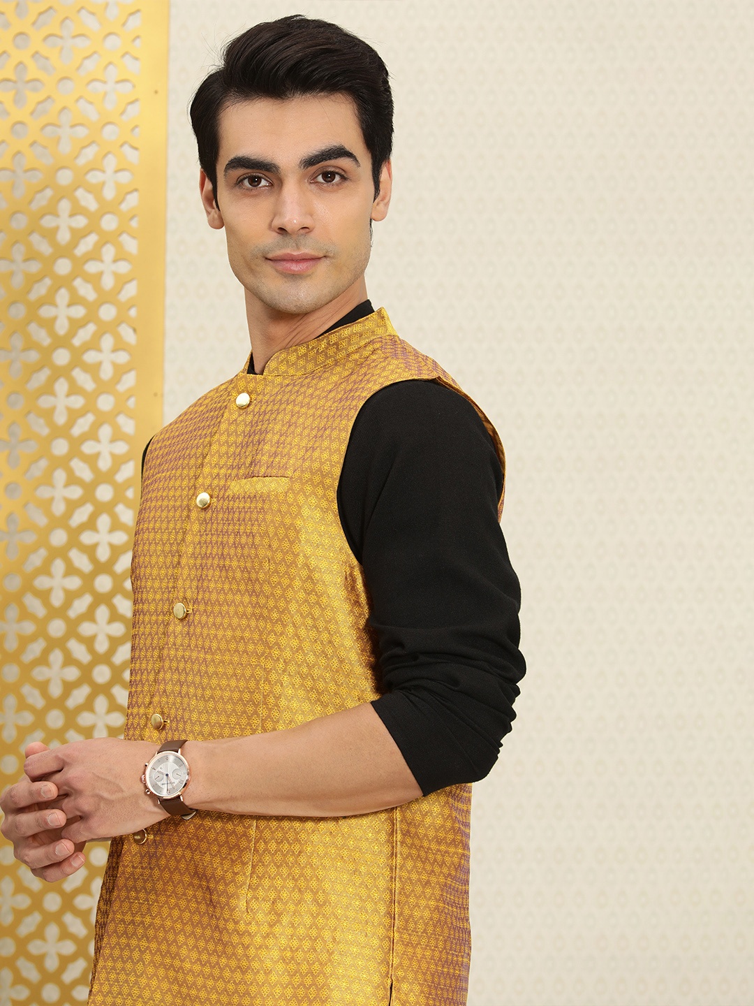 

House of Pataudi Men Rozana Mustard Yellow Ethnic Motifs Woven Design Nehru Jacket