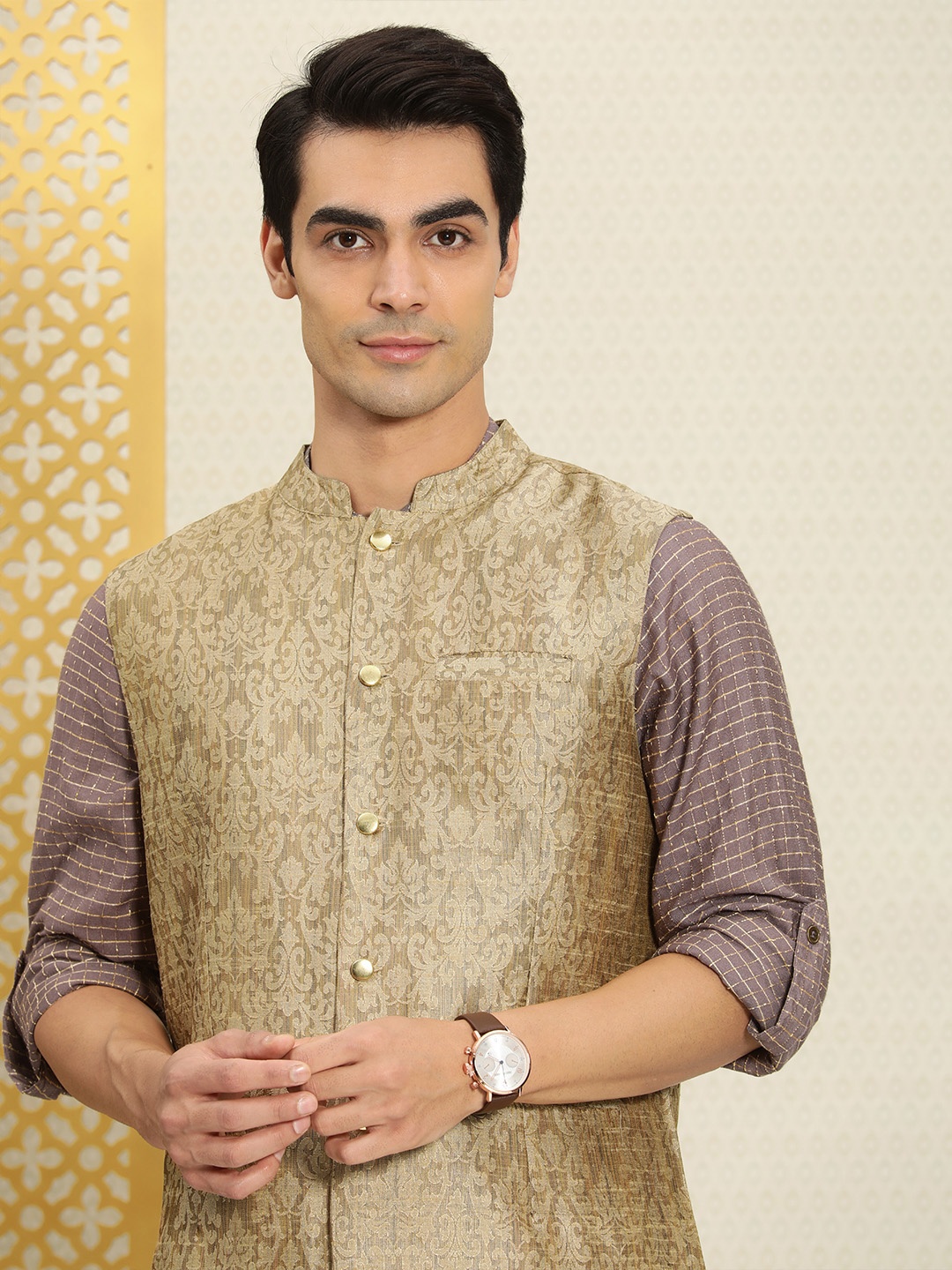 

House of Pataudi Men Rozana Beige Floral Woven Design Nehru Jacket