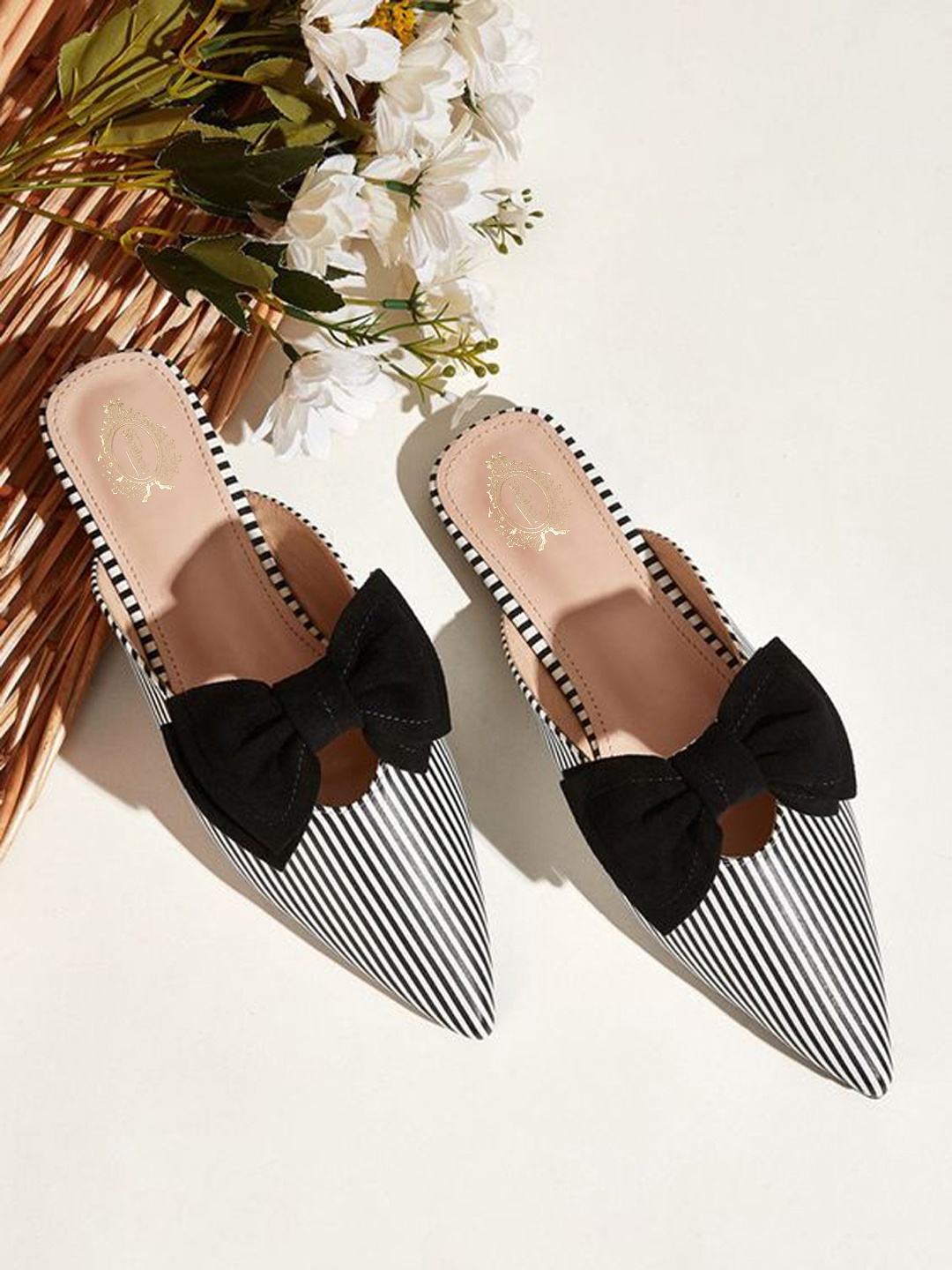

Shoetopia Girls Black Striped Mules with Bows