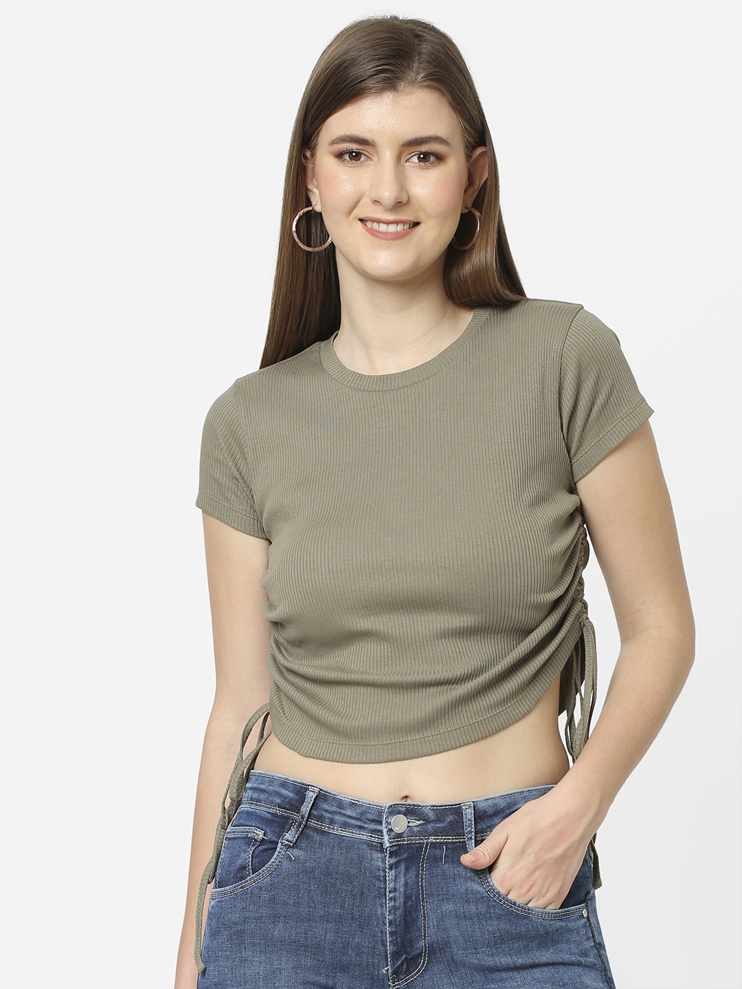

Kraus Jeans Women Olive Green Extended Sleeves Slim Fit T-shirt