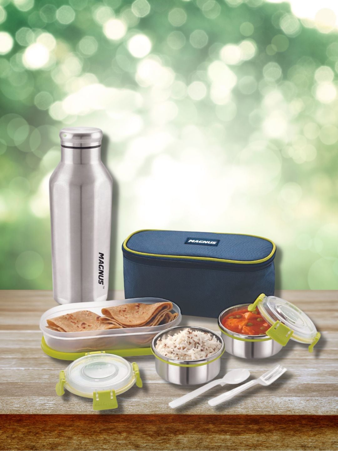 

MAGNUS Blue Pack Of 4 Deluxe Stainless Steel Lunch Box With Stainless Steel Bottle