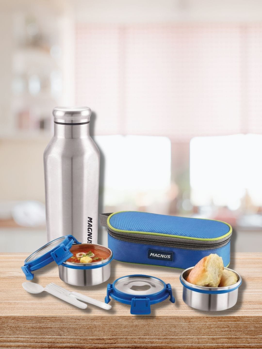 

MAGNUS Blue Deluxe Airtight & Leakproof SS Lunch Box + Sporty Bottle Set