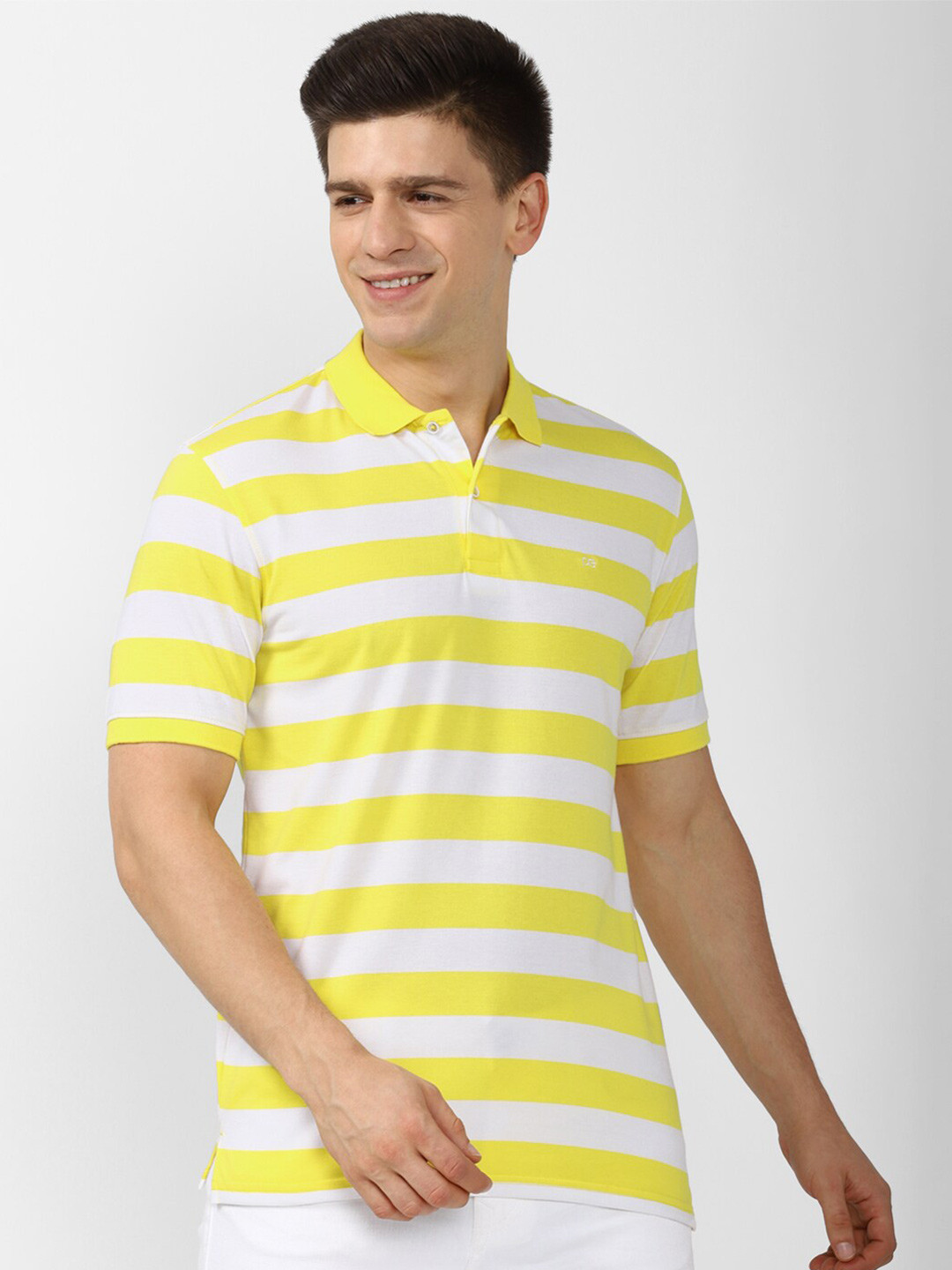 

Peter England Casuals Men White and Yellow Striped Polo Collar T-shirt