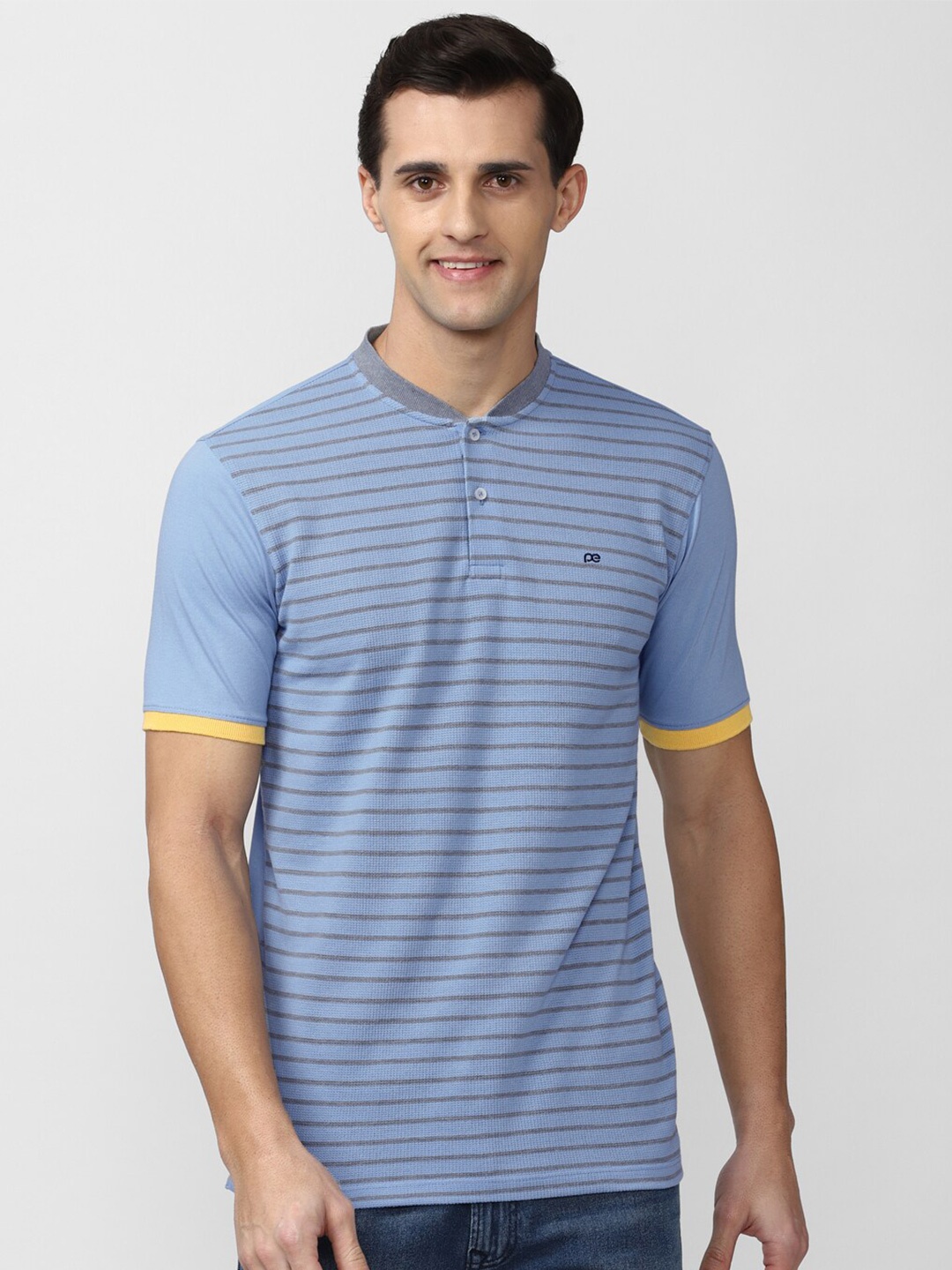 

Peter England Casuals Men Blue Striped Henley Neck T-shirt
