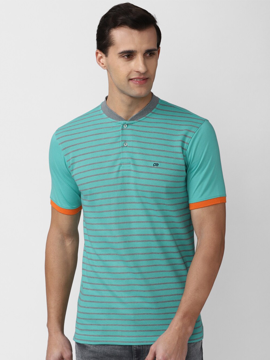 

Peter England Casuals Men Green Striped Henley Neck T-shirt