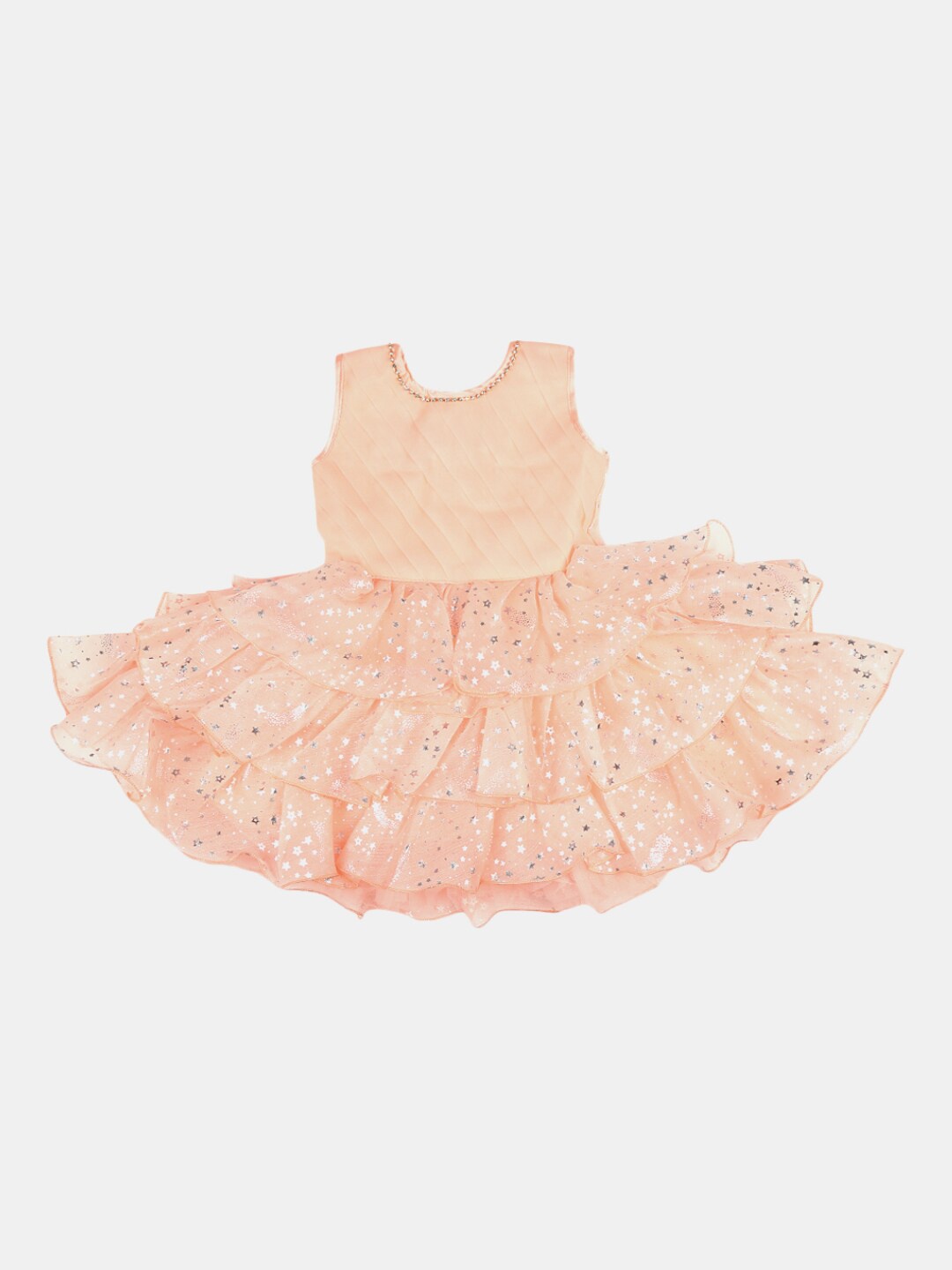 

V-Mart Girls Peach-Coloured Embellished Layered Fit & Flare Satin Dress