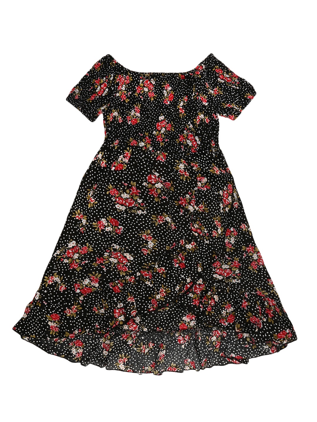 

V-Mart Kids Girls Black Floral Print Satin A-Line Dress