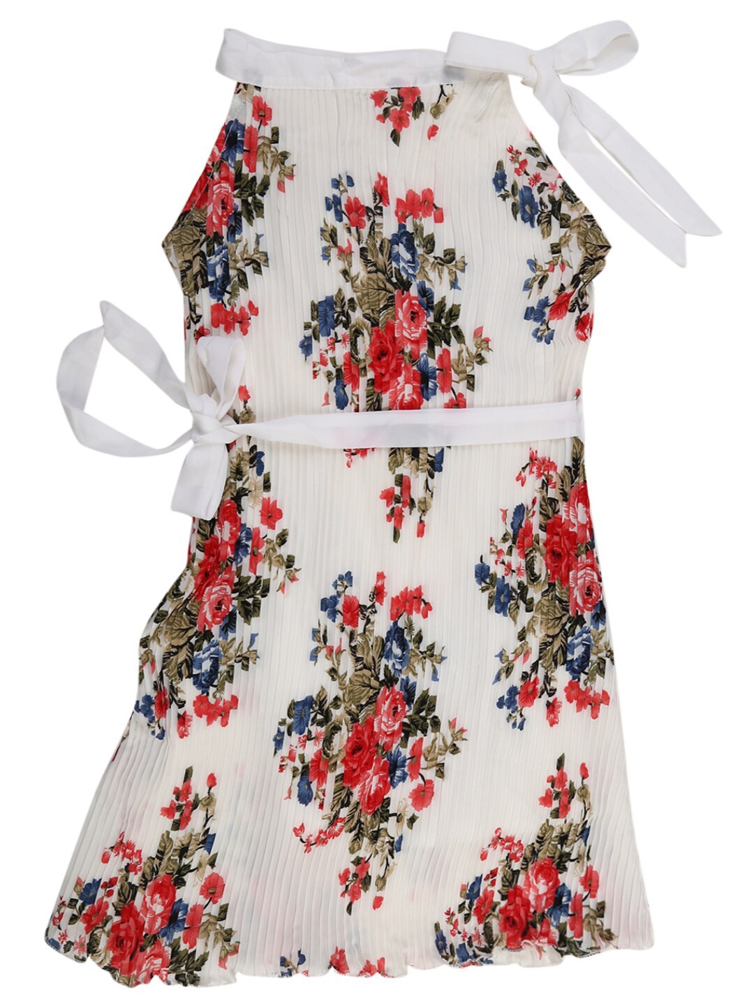 

V-Mart Girls White Floral Satin Tie-Up Neck Accordion Pleat Fit and Flare Dress