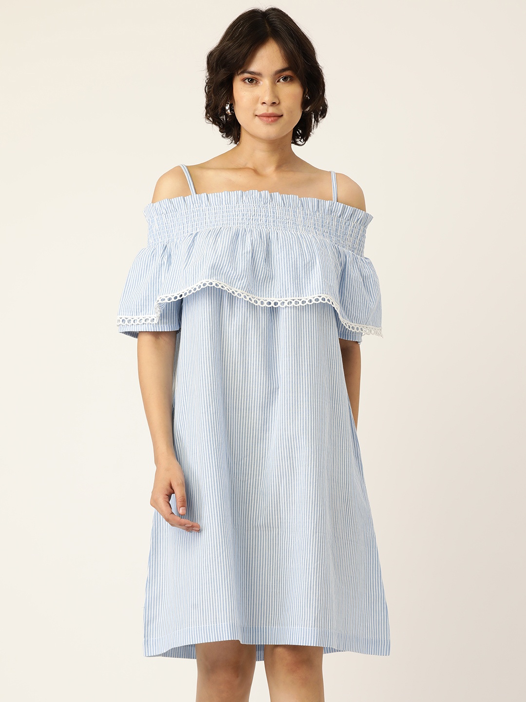 

Rue Collection Blue & White Pure Cotton Striped Blouson Dress