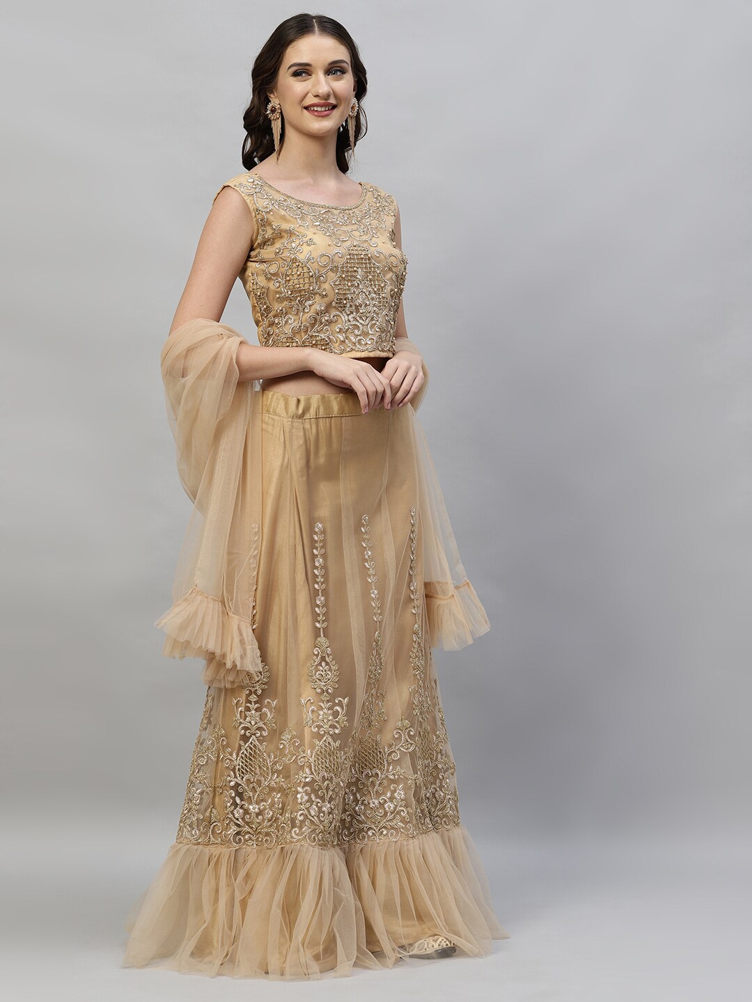 

RedRound Brown Embroidered Semi-Stitched Lehenga & Unstitched Blouse With Dupatta