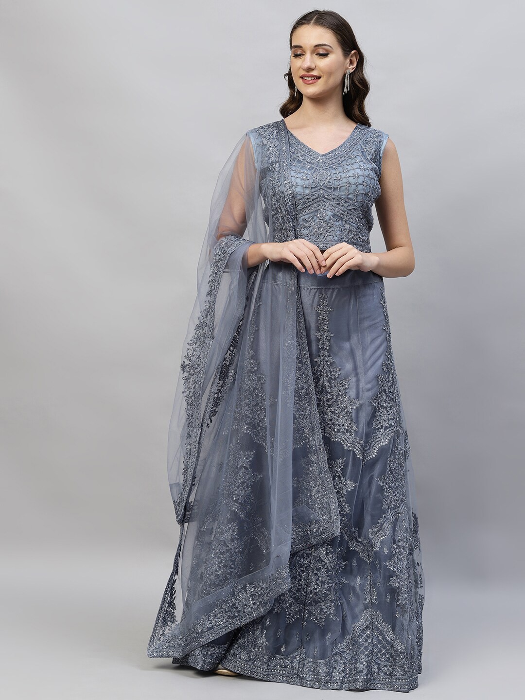 

RedRound Grey Embroidered Sequinned Semi-Stitched Lehenga & Unstitched Blouse With Dupatta