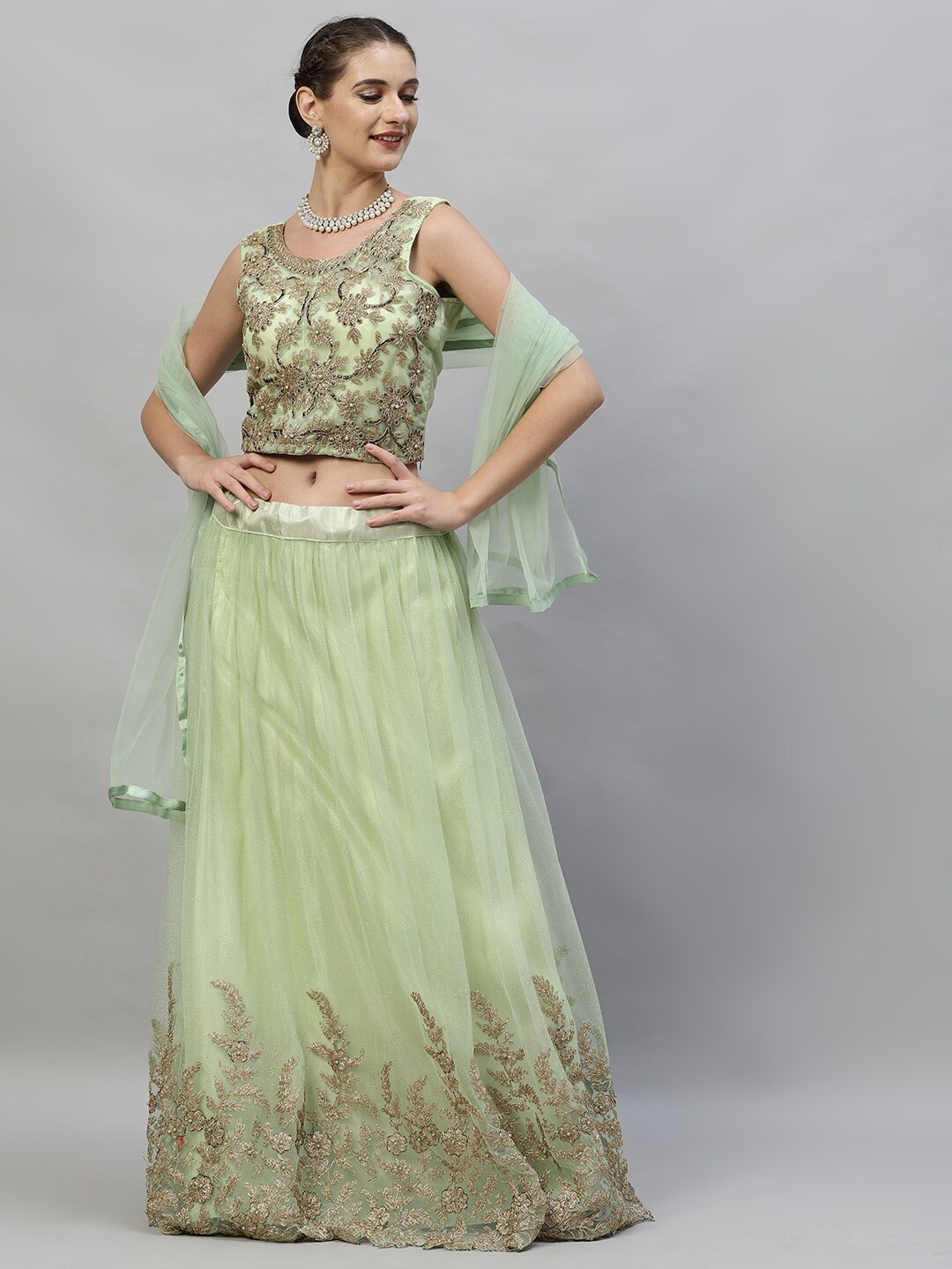 

RedRound Green & Gold-Toned Embroidered Beads and Stones Semi-Stitched Lehenga & Unstitched Blouse With