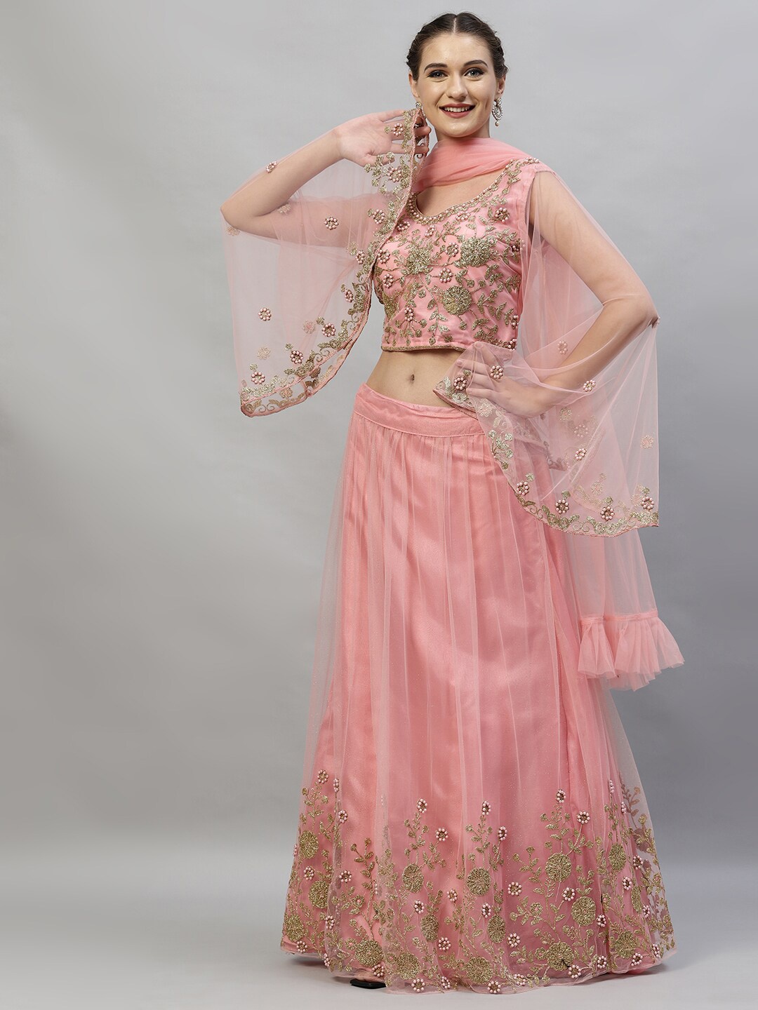 

RedRound Pink & Gold-Toned Embroidered Semi-Stitched Lehenga & Unstitched Blouse With Dupatta