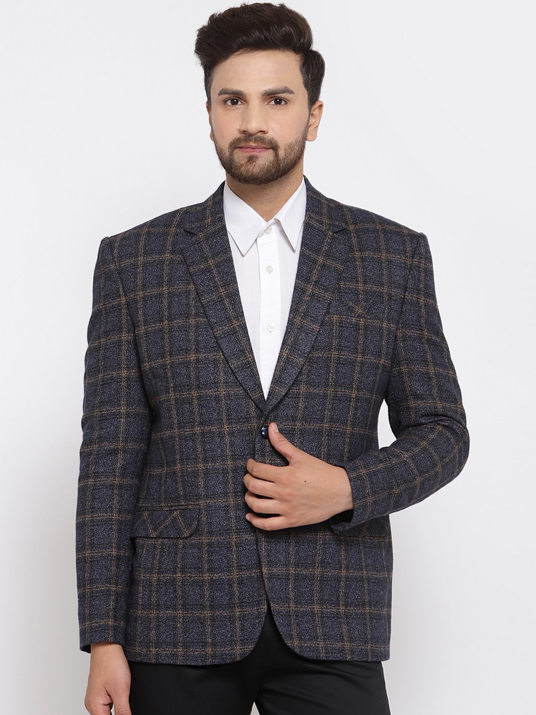 

KLOTTHE Men Blue Checked Slim-Fit Single Breasted Blazer