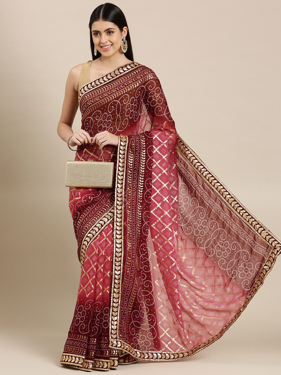 

Mitera Pink & Maroon Bandhani Gotta Patti Pure Georgette Bandhani Saree