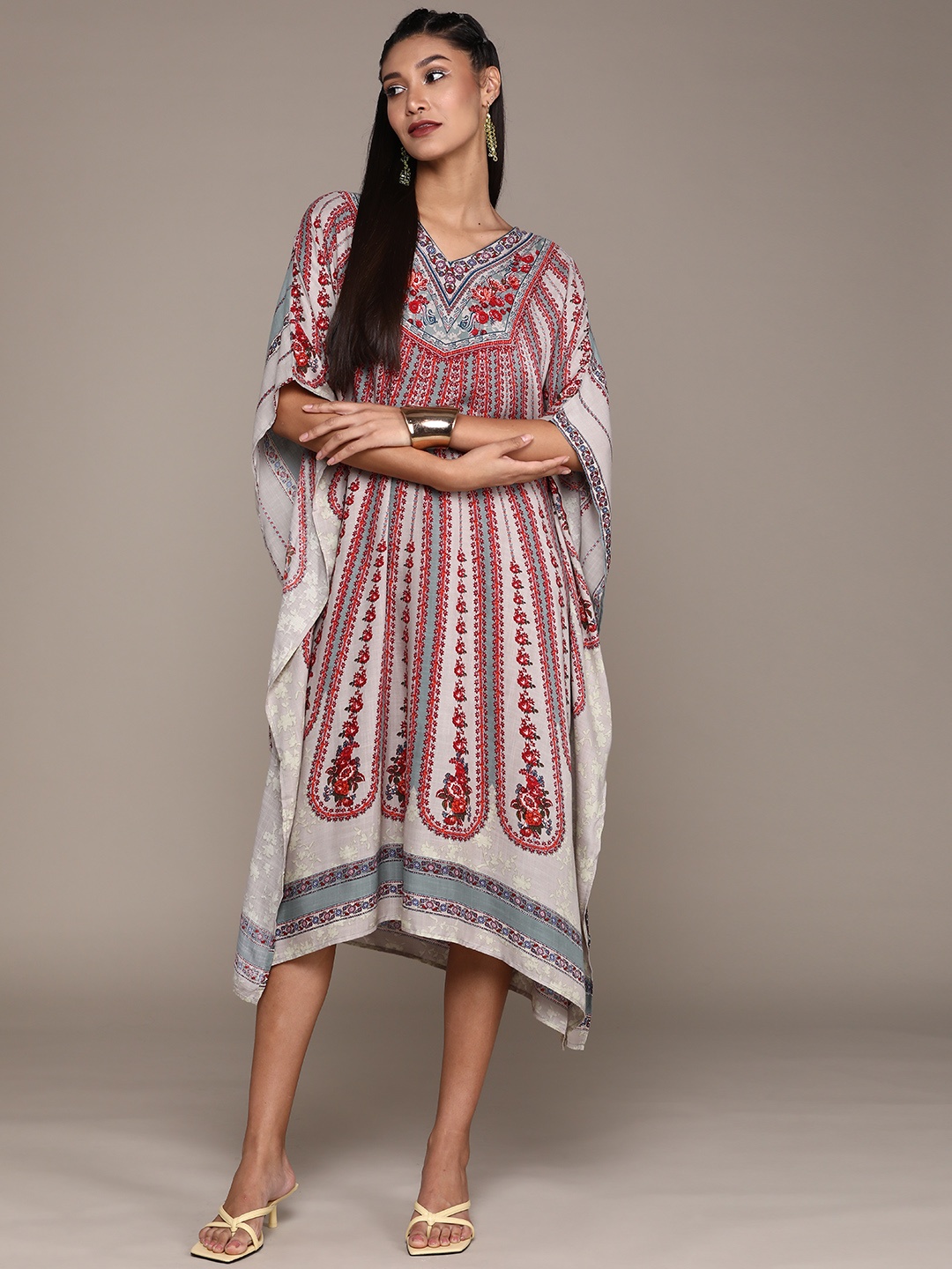 

aarke Ritu Kumar Grey & Red Ethnic Motifs Kaftan Midi Dress