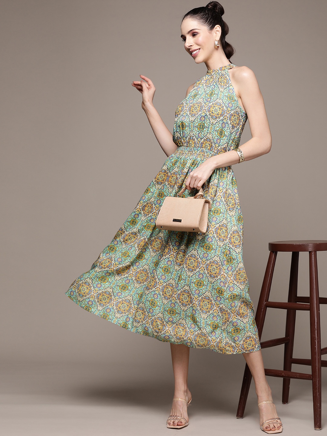 

aarke Ritu Kumar Green & Yellow Ethnic Motifs Halter Neck Midi Dress