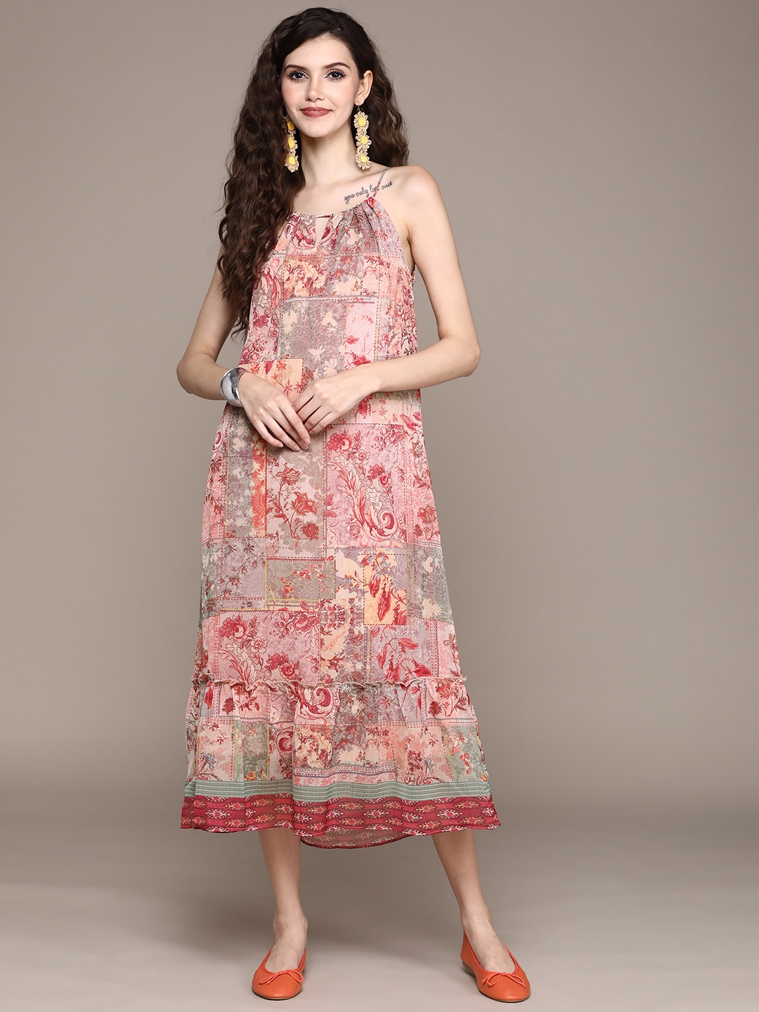 

aarke Ritu Kumar Pink & Taupe Chiffon A-Line Midi Dress