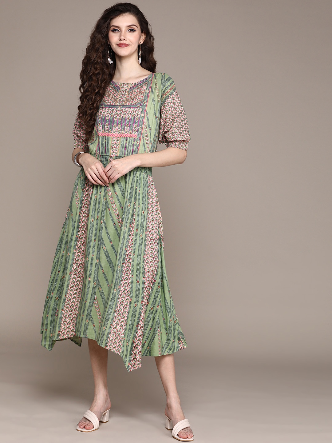

aarke Ritu Kumar Green & Pink Midi Dress