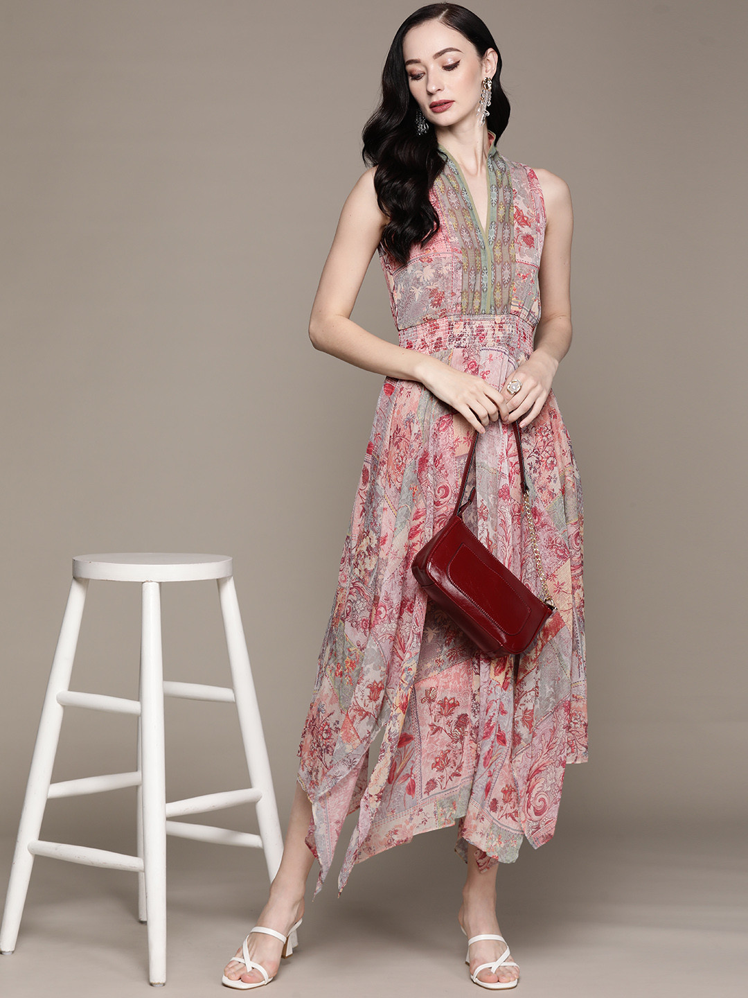 

aarke Ritu Kumar Floral Print Chiffon Maxi Fit & Flare Dress, Pink