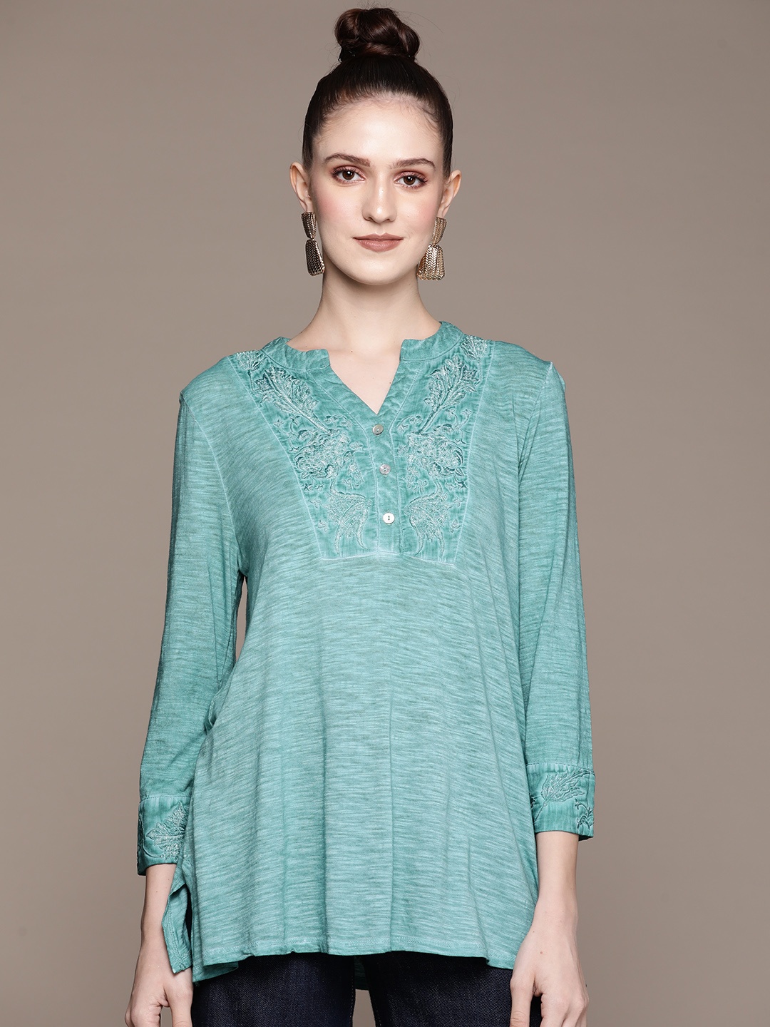 

aarke Ritu Kumar Teal Floral Embroidered Cotton Mandarin Collar Top