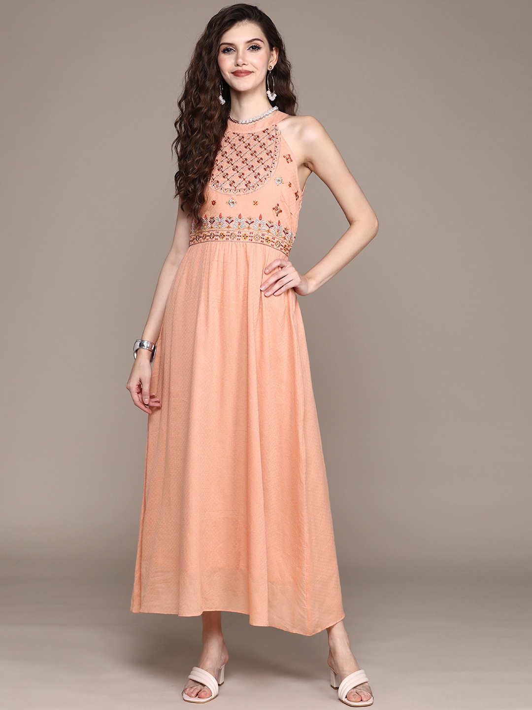 

aarke Ritu Kumar Peach-Coloured Ethnic Motifs Embroidered Halter Neck Maxi Dress