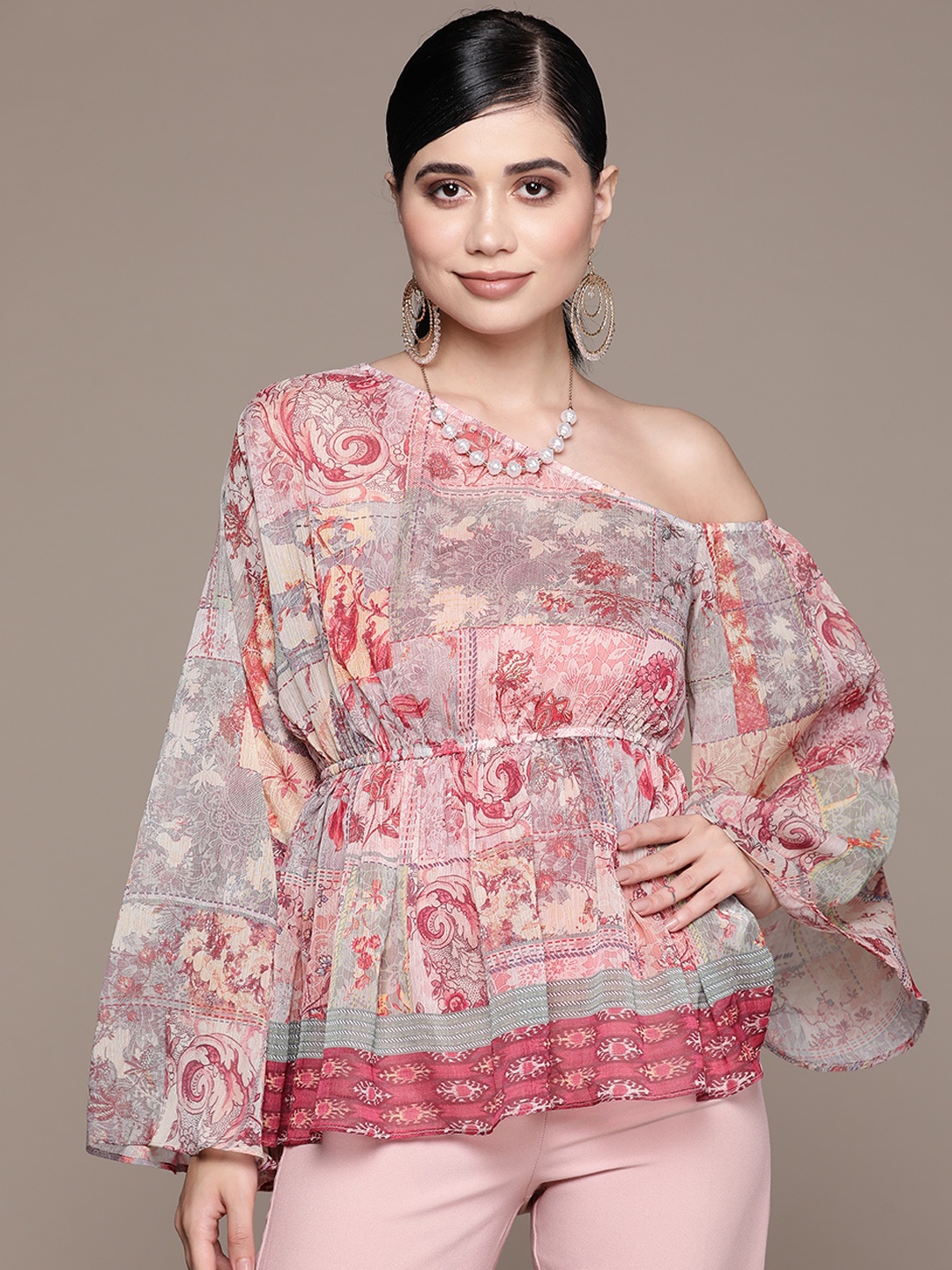 

aarke Ritu Kumar Pink & Grey Print One Shoulder Chiffon Cinched Waist Top