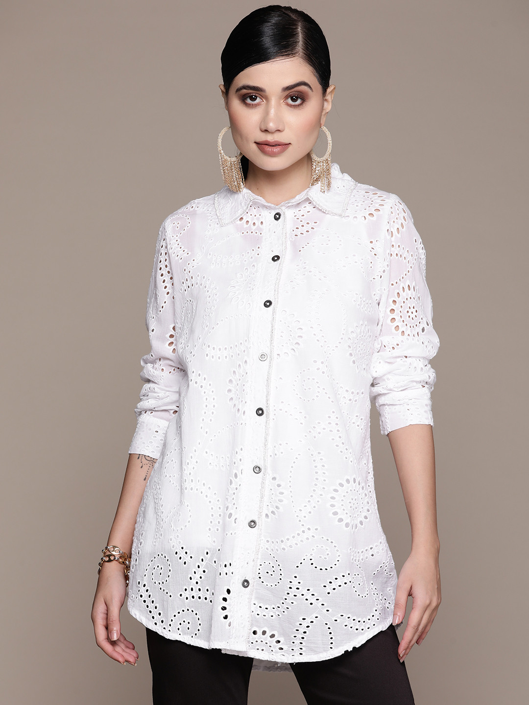 

aarke Ritu Kumar Women White Casual Schiffli Shirt