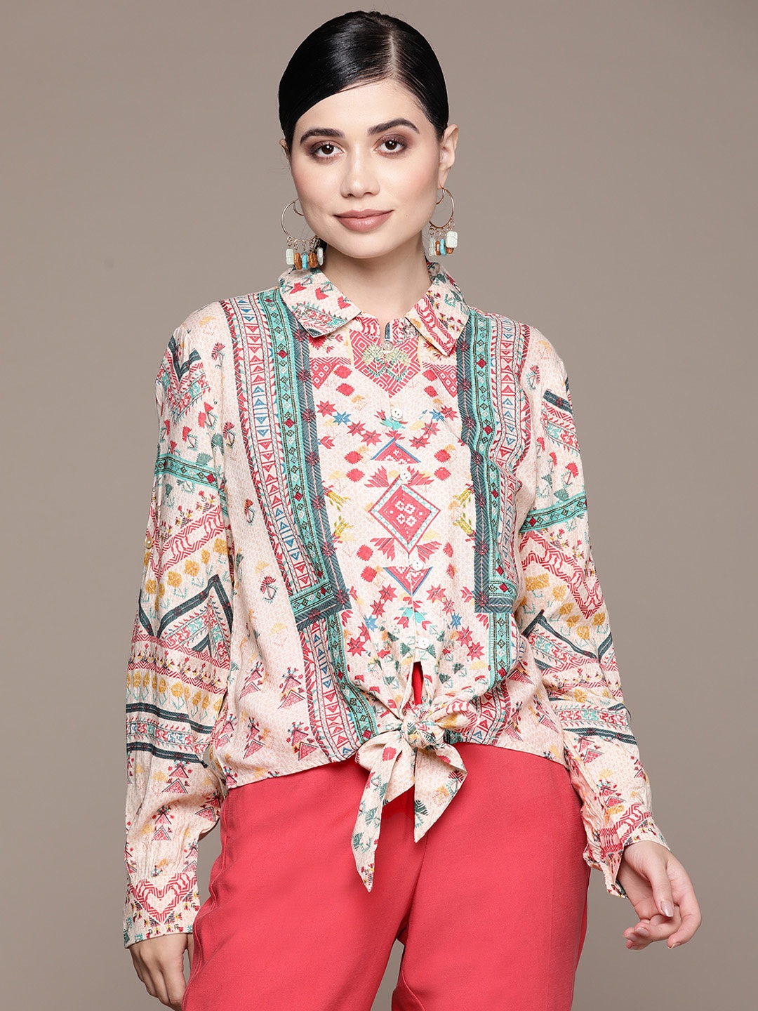 

aarke Ritu Kumar Women Off White & Pink Relaxed Printed Casual Shirt