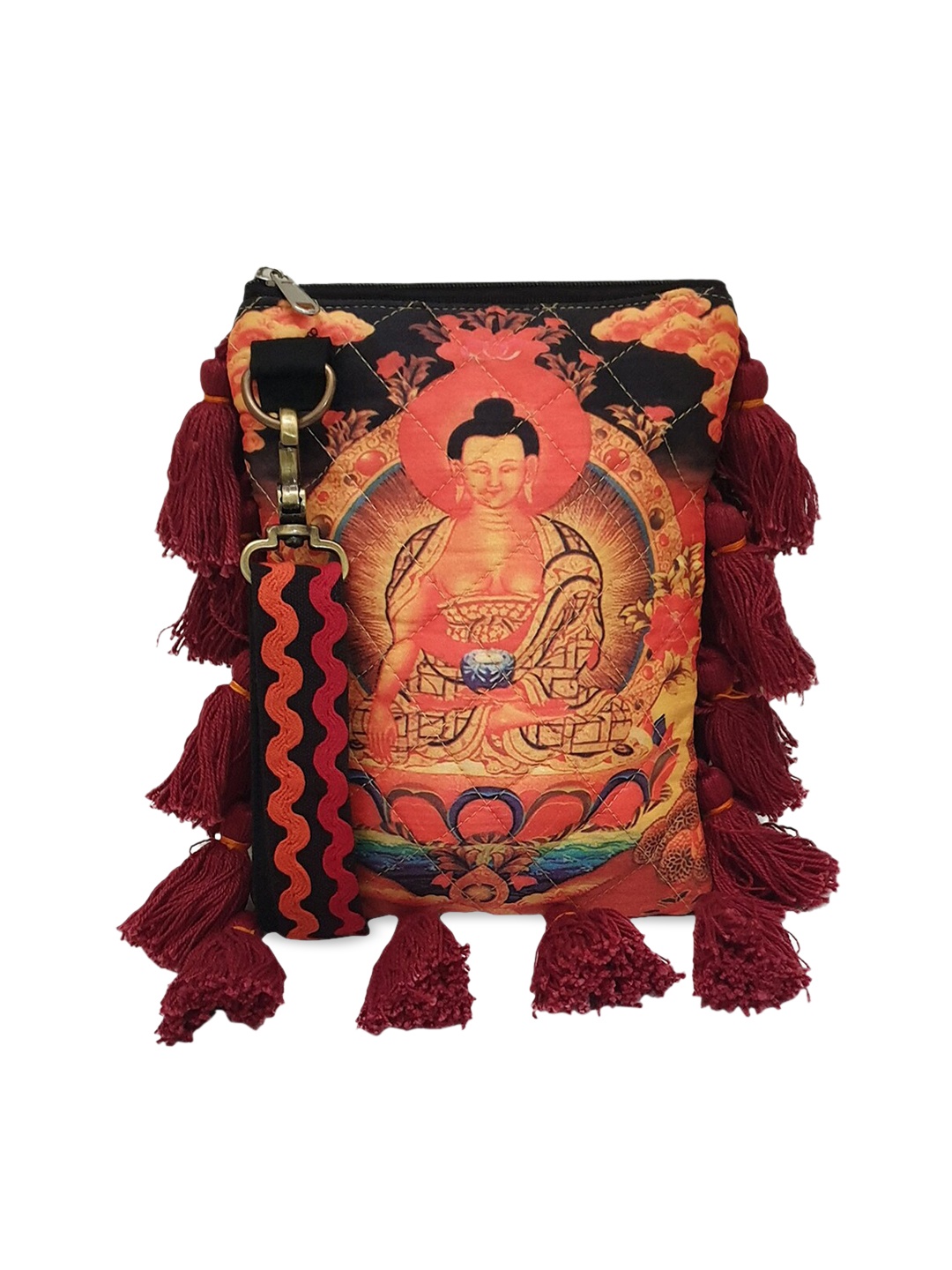 

The House of Tara Black & Orange Ethnic Motifs Structured Sling Bag with Tasselled