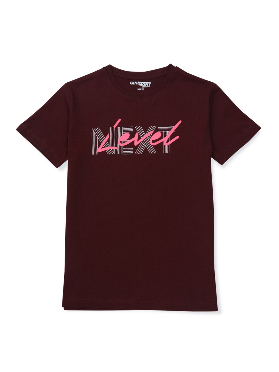 

Gini and Jony Boys Maroon Printed Cotton T-shirt