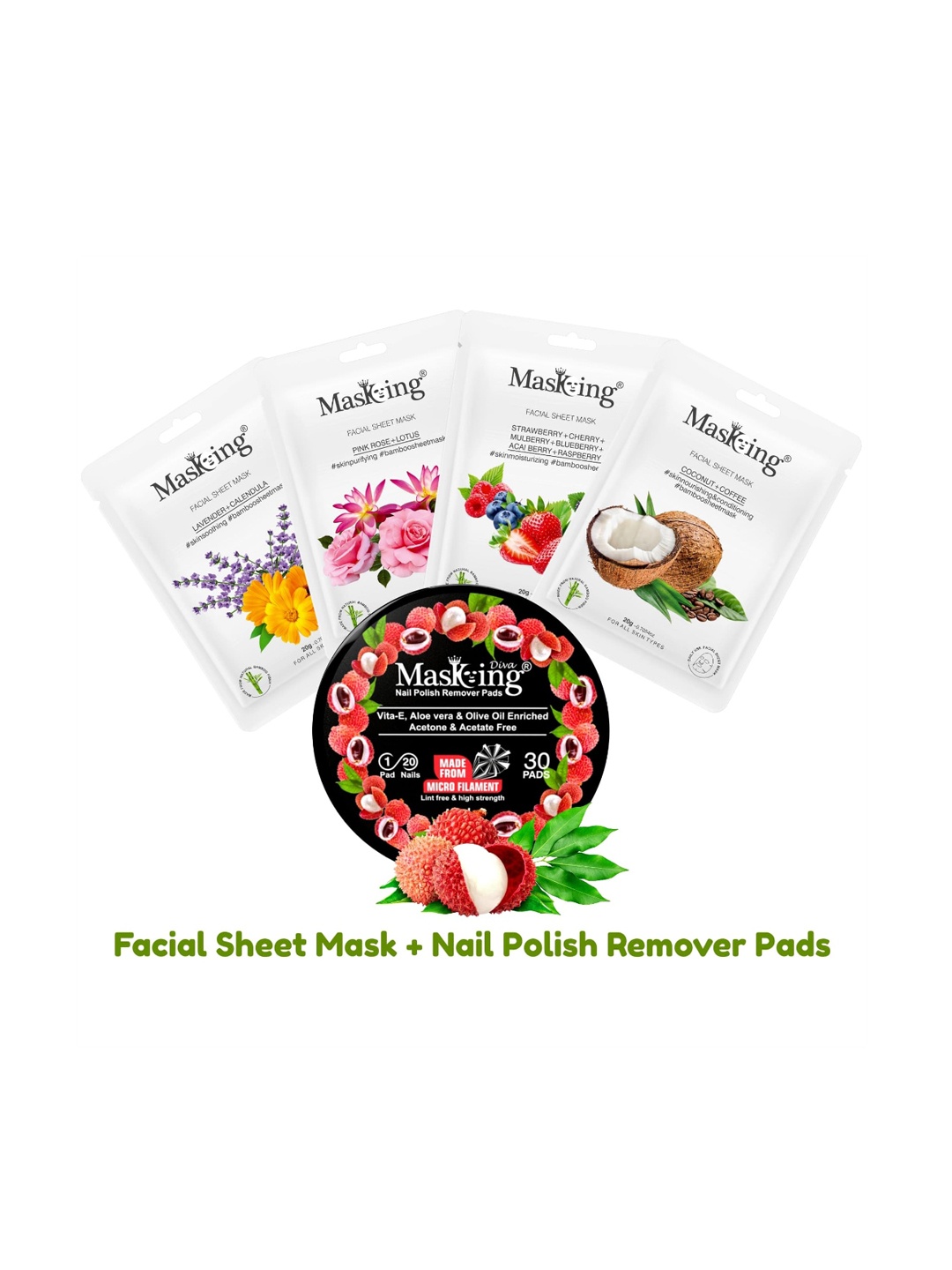 

MasKing Pack Of 5 Bamboo Facial Sheet Mask For Oil Control & Nail Polish Remover Wipes, White