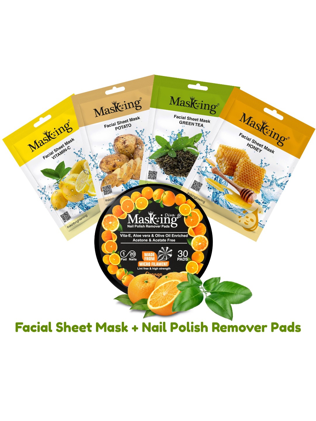 

MasKing Pack of 4 Skin Hydrating Facial Mask and Nail Polish Remover Combo, Multi