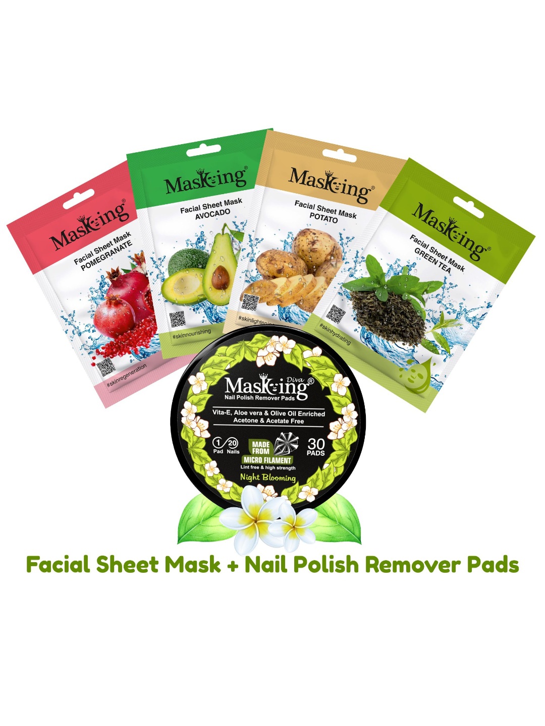 

MasKing Pack of 4 Natural Glow Facial Mask and Nail Polish Remover Combo, Multi