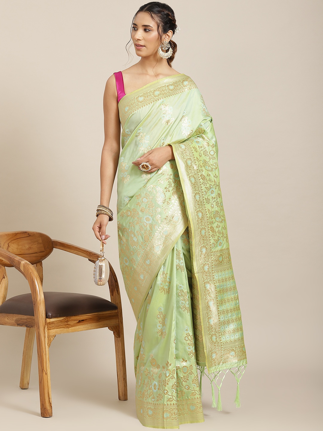 

Havida Sarees Green Ethnic Motifs Zari Silk Blend Banarasi Saree