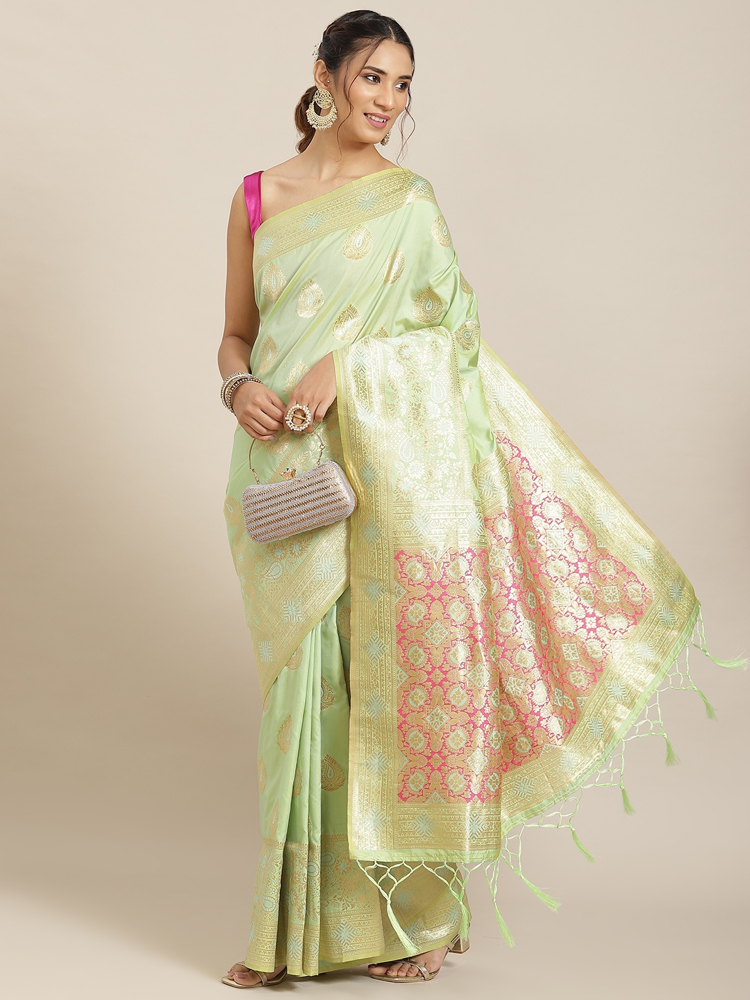 

Havida Sarees Green Ethnic Motifs Zari Silk Blend Banarasi Saree