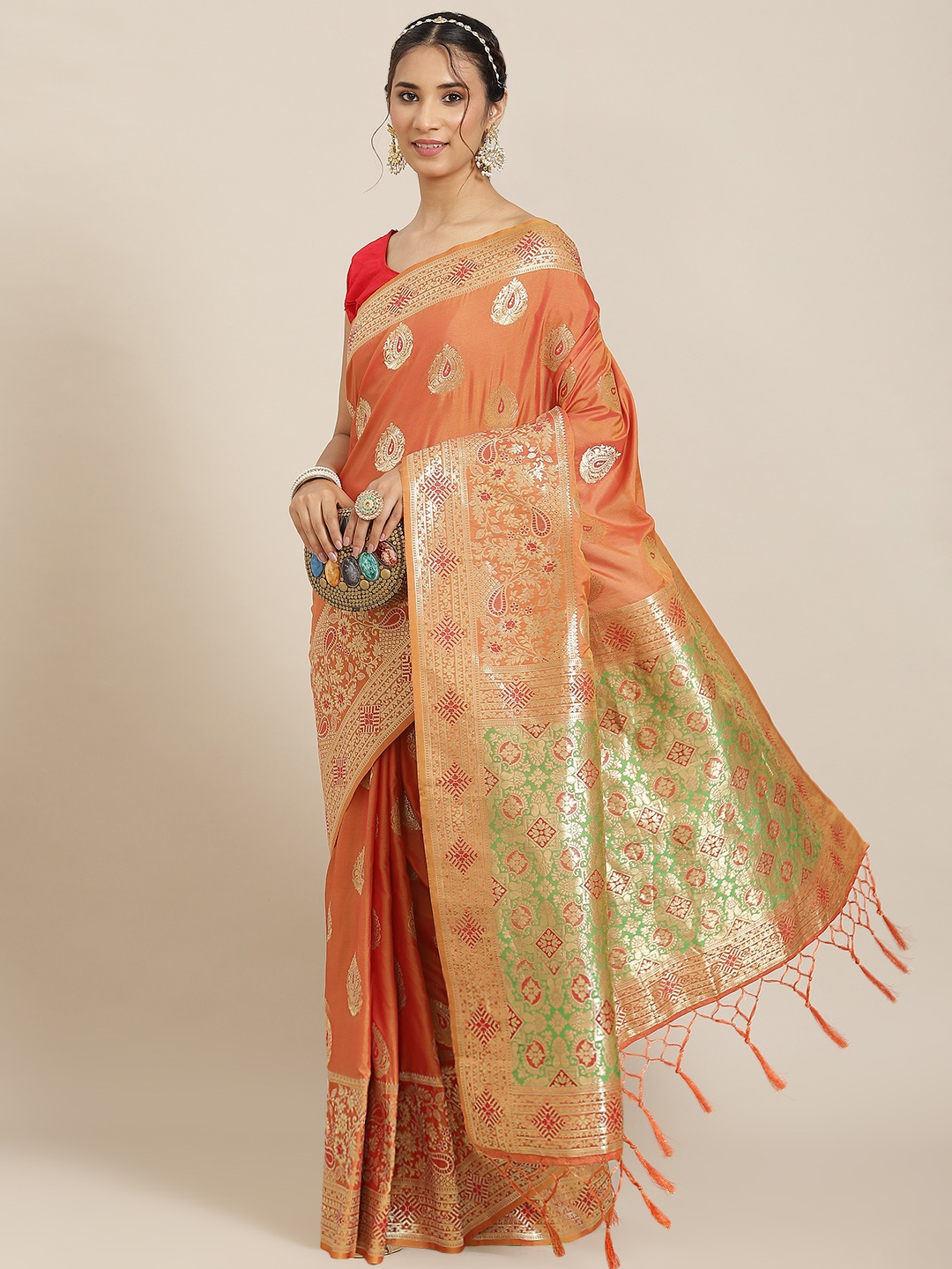 

Havida Sarees Orange Ethnic Motifs Zari Silk Blend Banarasi Saree