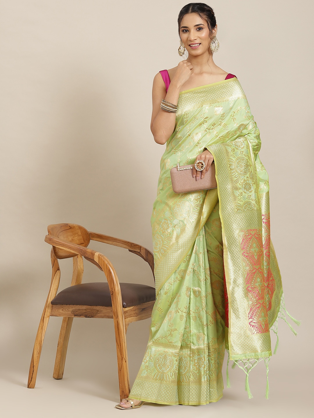 

Havida Sarees Green Ethnic Motifs Zari Silk Blend Banarasi Saree